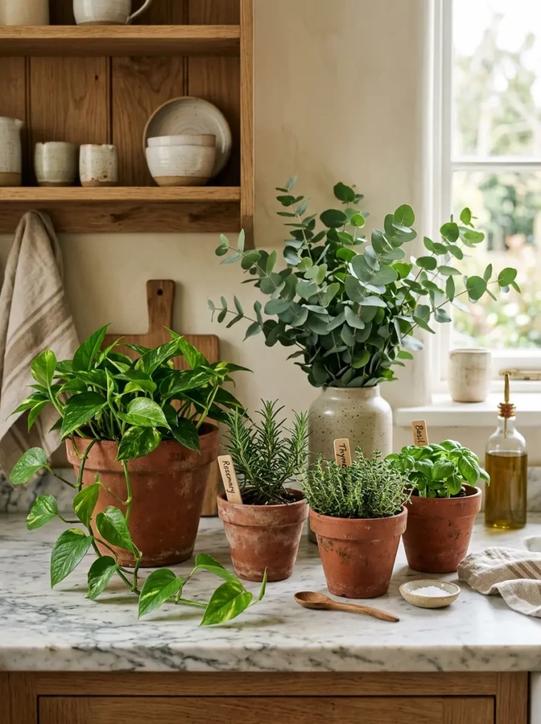 Terracotta pots eucalyptus stems and pothos plant styled on marble kitchen counter