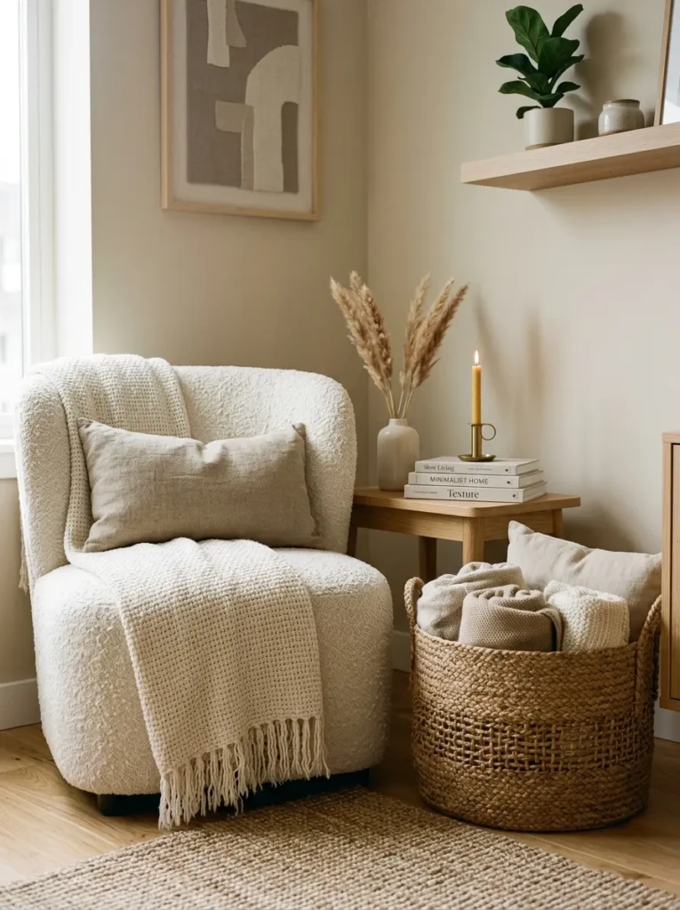 Boucle chair, woven baskets, cotton throws, and warm wood furniture in cozy apartment
