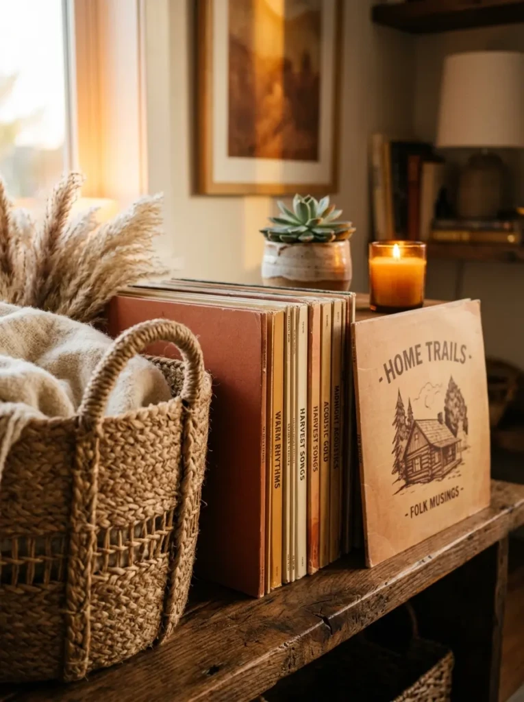 A close-up of wooden shelves, woven textures, and warm-toned album covers in a cozy setting.