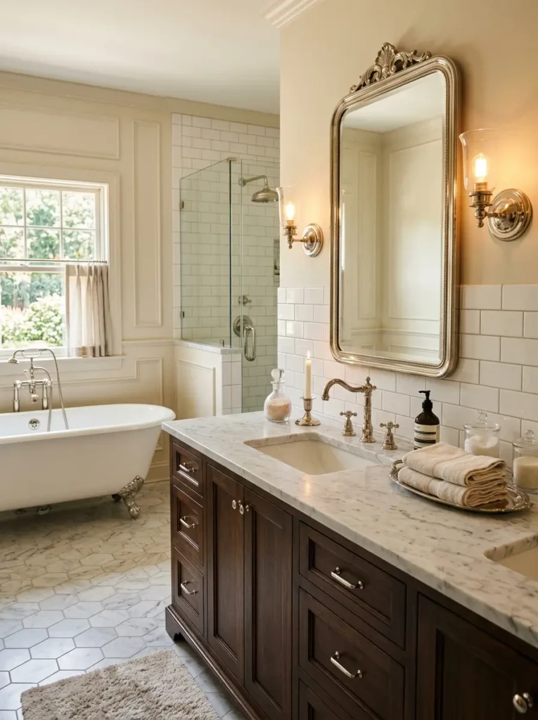 Marble bathroom vanity with polished nickel hardware and warm sophisticated lighting.