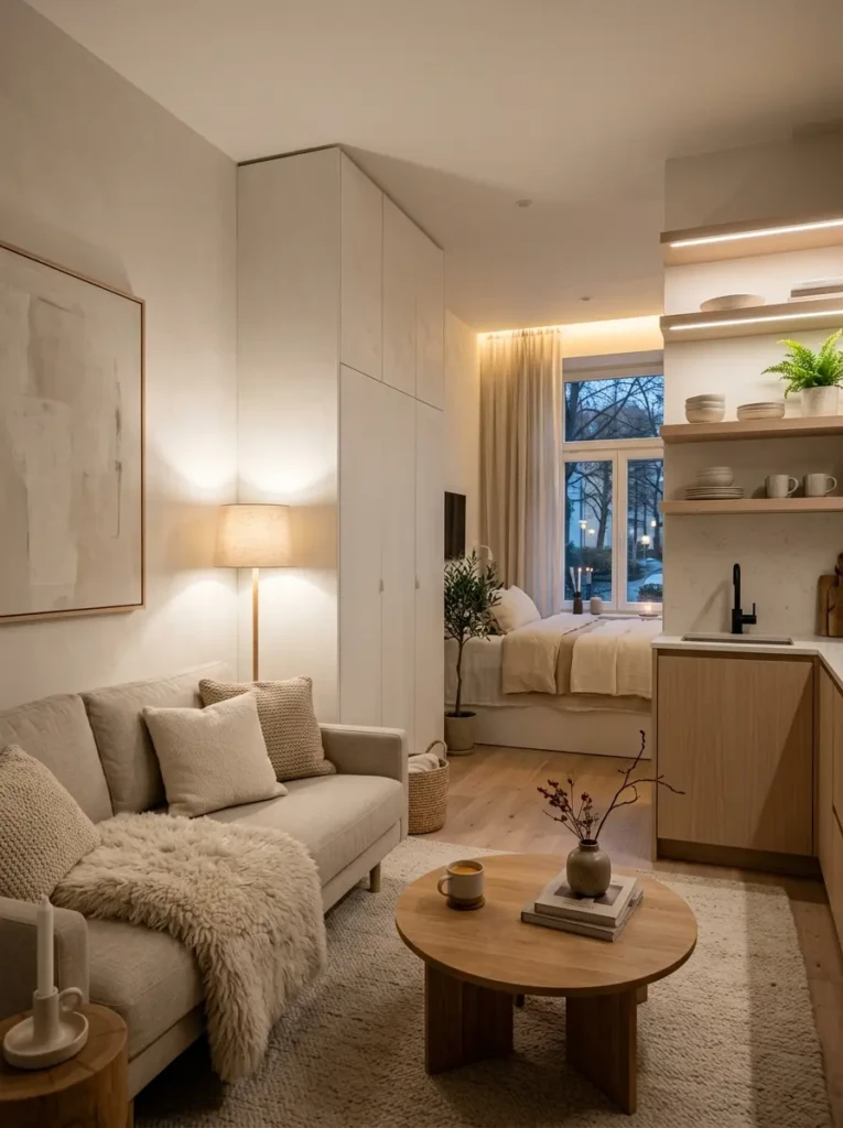 Calm small apartment with concealed storage, textured accessories, and cozy lighting.