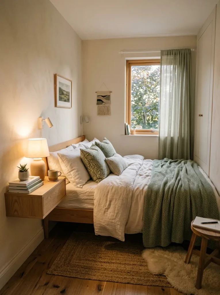 Tiny bedroom with a corner bed setup, layered pillows, soft textures, and warm sage accents.