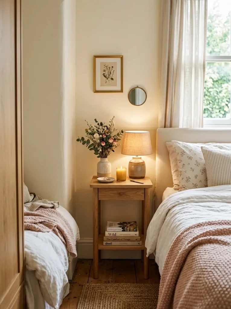Tiny bedroom with slim nightstand, ceramic lamp, and cozy decor accents