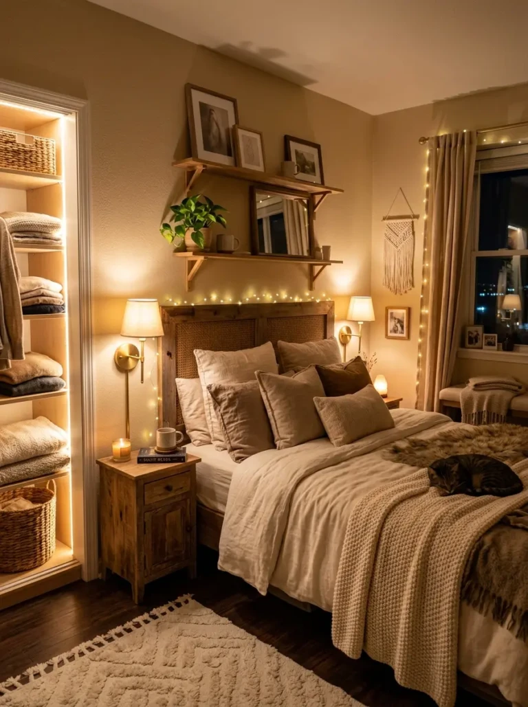 A dreamy tiny bedroom glowing with warm layered lighting, bedside sconces, fairy lights, LED closet lighting, soft cozy ambiance, plush bedding, warm beige and ivory tones, intimate boutique hotel vibe, realistic nighttime interior photography