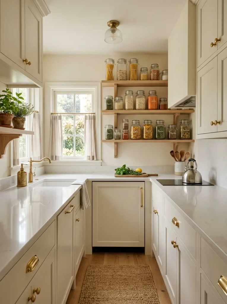 Compact kitchen with glass jars, polished hardware, and glossy countertops creating an airy look.