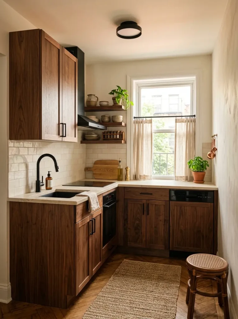 Tiny kitchen with walnut cabinetry, linen curtains, and matte black fixtures