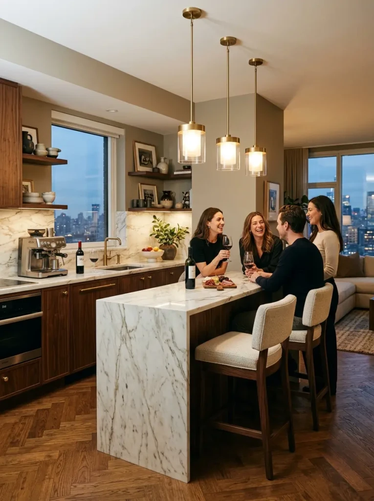 Tiny stylish kitchen featuring a raised breakfast bar, upholstered stools, and marble counters.