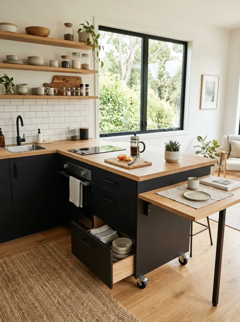 Tiny kitchen featuring a rolling island with fold-out surfaces and hidden storage drawers.