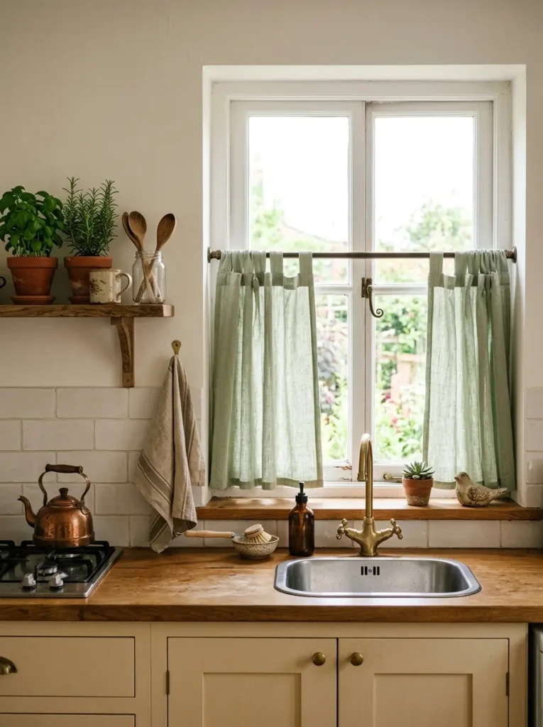 Tiny kitchen featuring sage green café curtains, soft natural light, and cozy compact decor.
