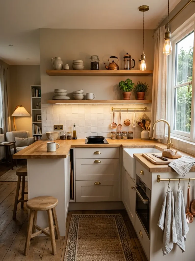 Stylish small kitchen with warm lighting, airy layout, and elegant compact storage