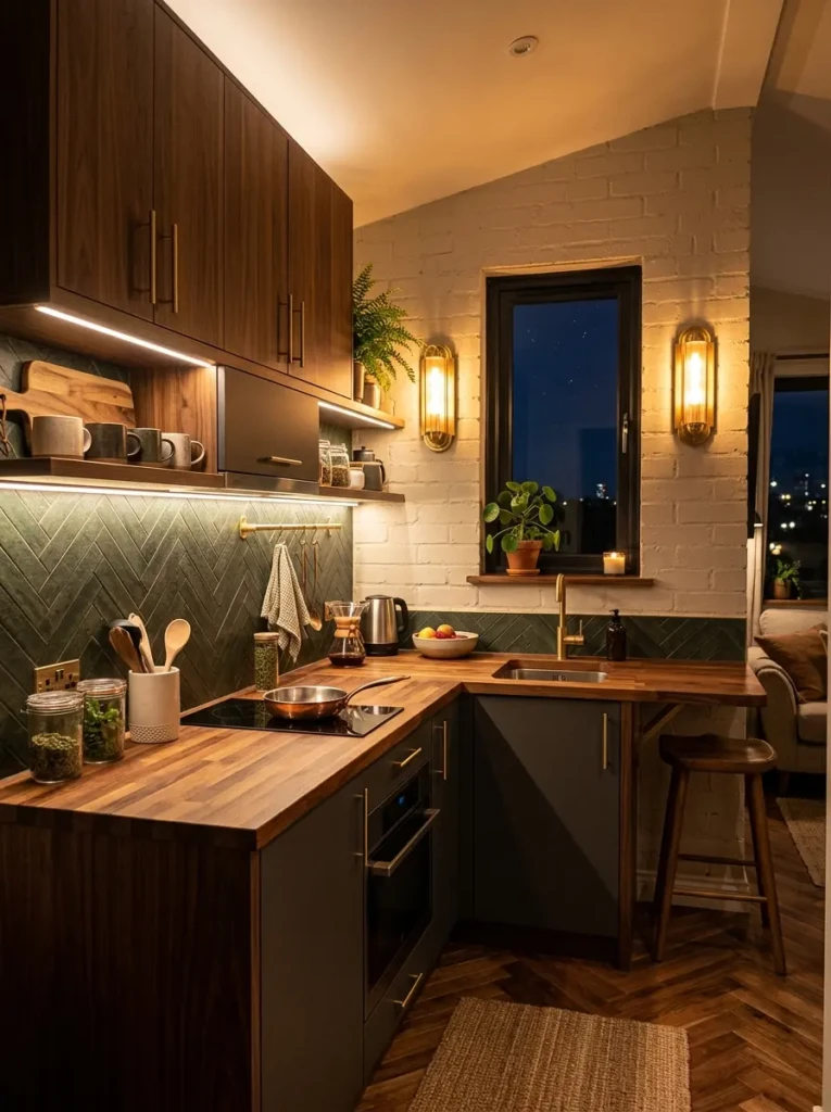 Tiny kitchen illuminated with warm under-cabinet lighting and brass wall sconces.