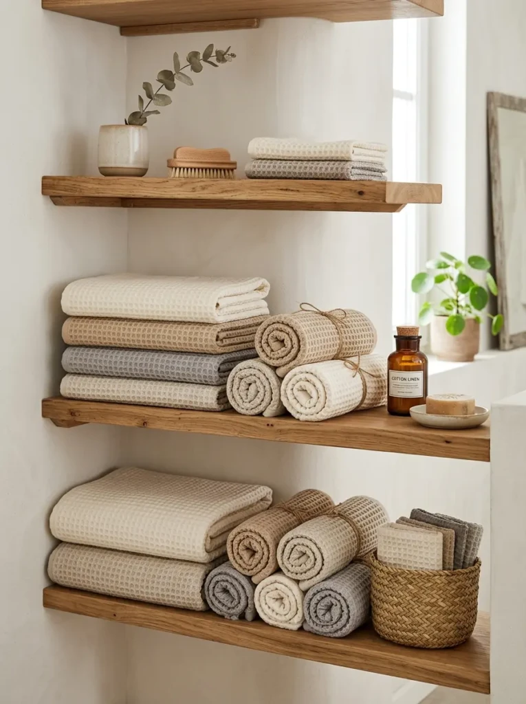A shelf displaying folded and rolled waffle-textured towels in neutral tones for a soft and inviting look