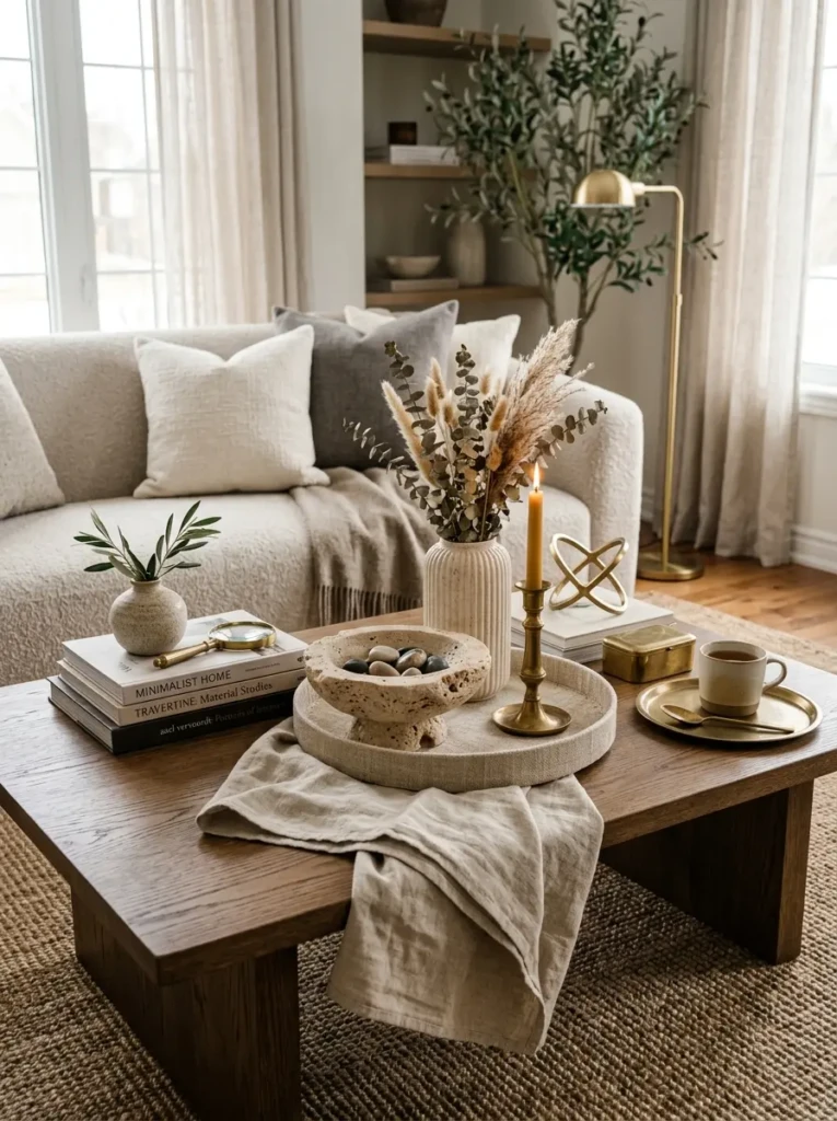 Travertine and brass decorative objects layered on elegant coffee table