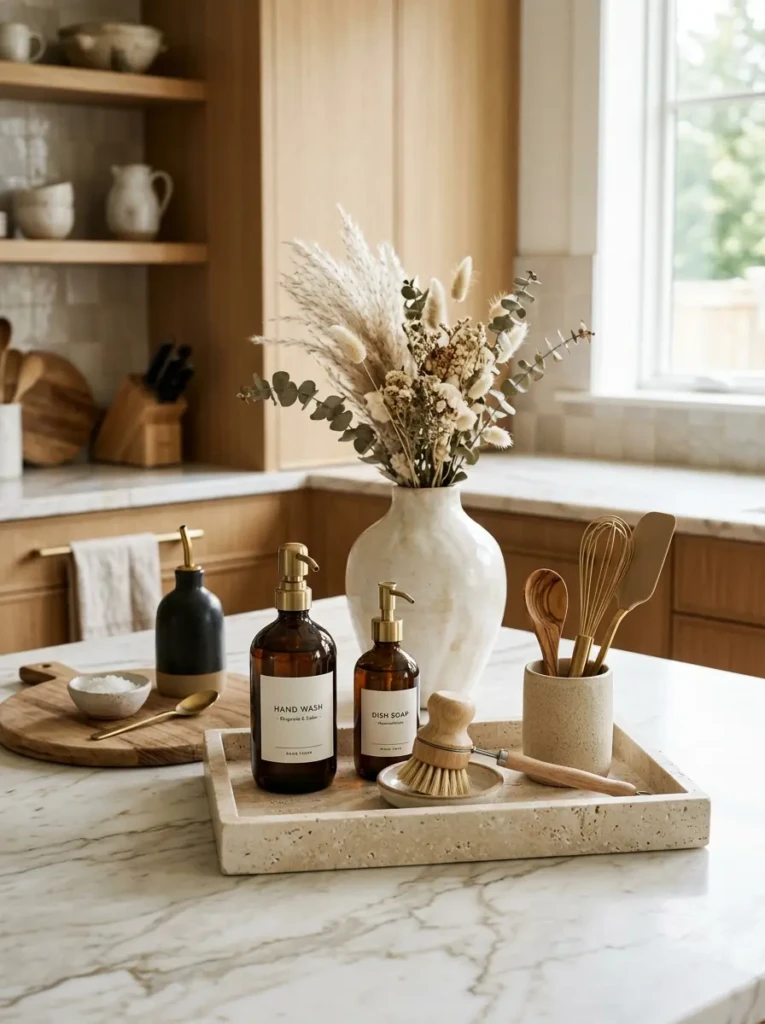 Travertine tray organizing kitchen essentials in a clean and luxurious way.