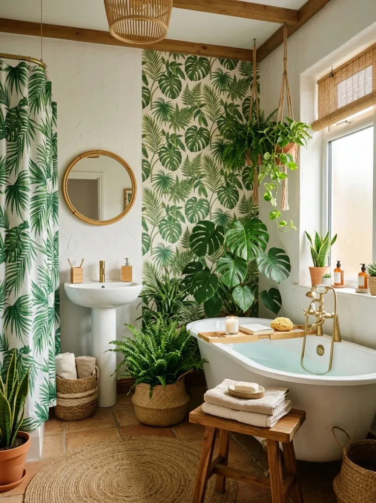Lush tropical bathroom with leafy wallpaper, monstera plants, bamboo accessories, teak stool, woven baskets, and neutral towels.
