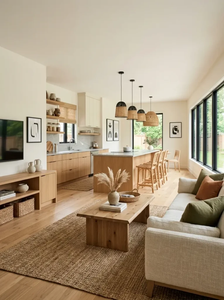 Matching materials and coordinated decor connecting kitchen and living room areas.