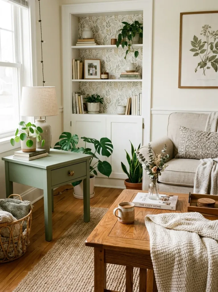 Upcycled living room furniture with sage green side table, brass knob, refinished coffee table, and cozy decor.