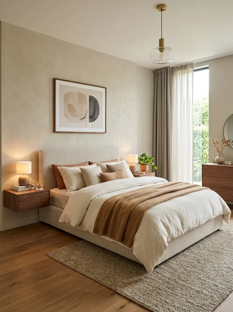 Modern minimalist bedroom with floating nightstands, walnut finishes, and soft bedding