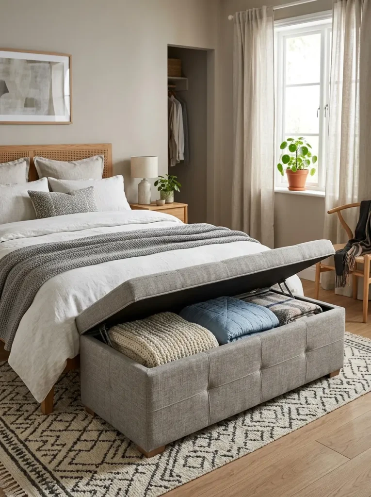 Upholstered storage sofa at the end of a bed with hidden blanket storage in a clean cozy bedroom.