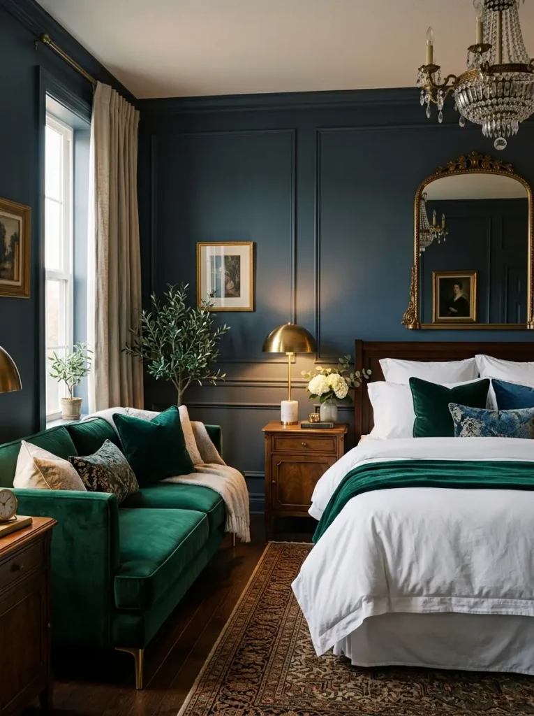Deep velvet sofa in an elegant bedroom with crisp bedding, brass accents, and warm dramatic lighting.