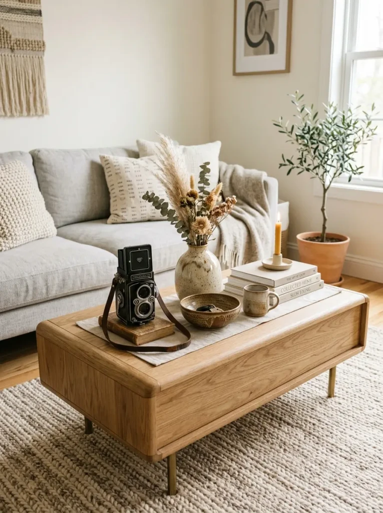 Vintage camera and handmade pottery displayed on elegant coffee table