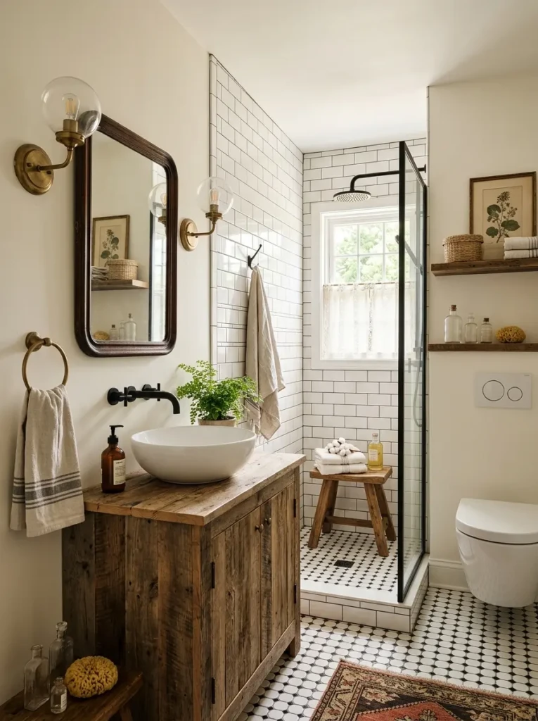 Elegant bathroom combining rustic accents with contemporary fixtures.