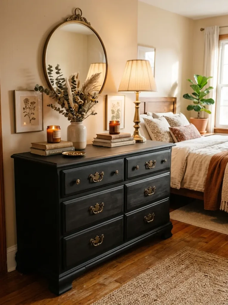 Budget bedroom furniture upgraded with brass hardware and stylish warm decor