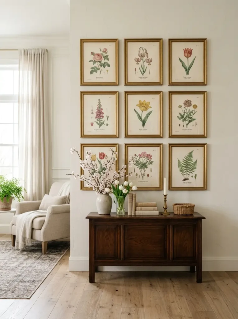 Symmetrical botanical wall art arrangement with neutral spring home styling