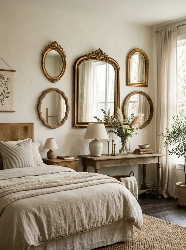 Cozy bedroom decorated with curved gold and wooden framed mirrors
