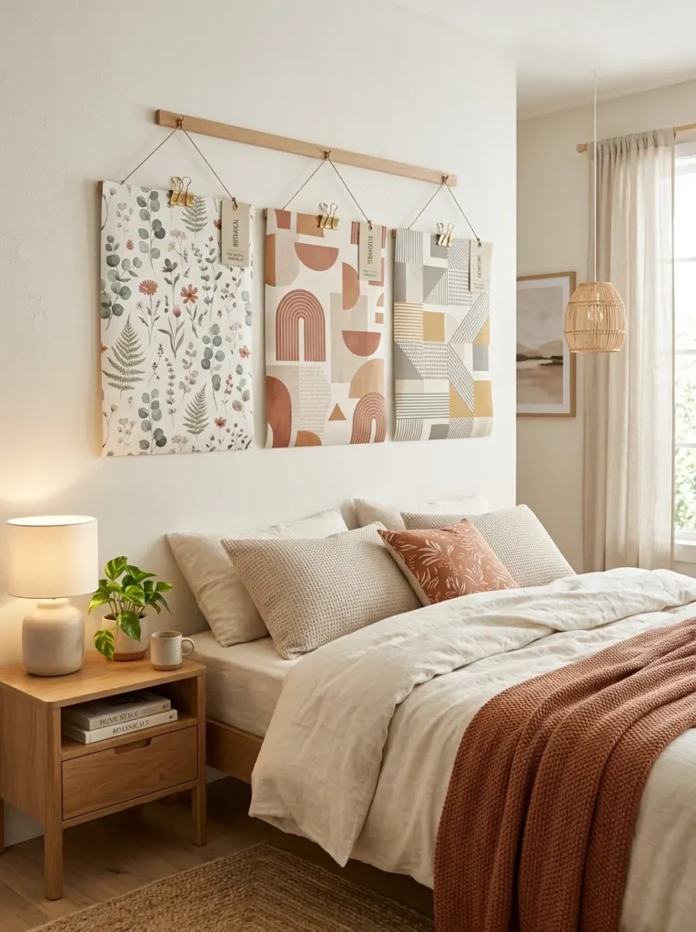 Botanical and geometric wallpaper samples for cozy budget room makeover