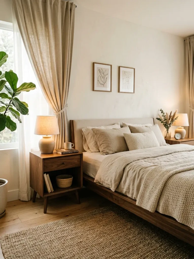 Minimalist bedroom with walnut furniture, linen curtains, and layered beige textures