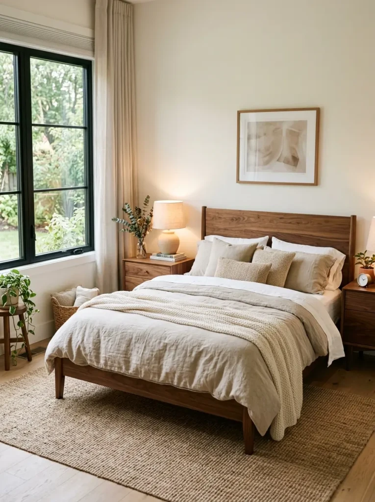 Walnut wood furniture paired with soft neutral bedding in a cozy naturally lit bedroom.