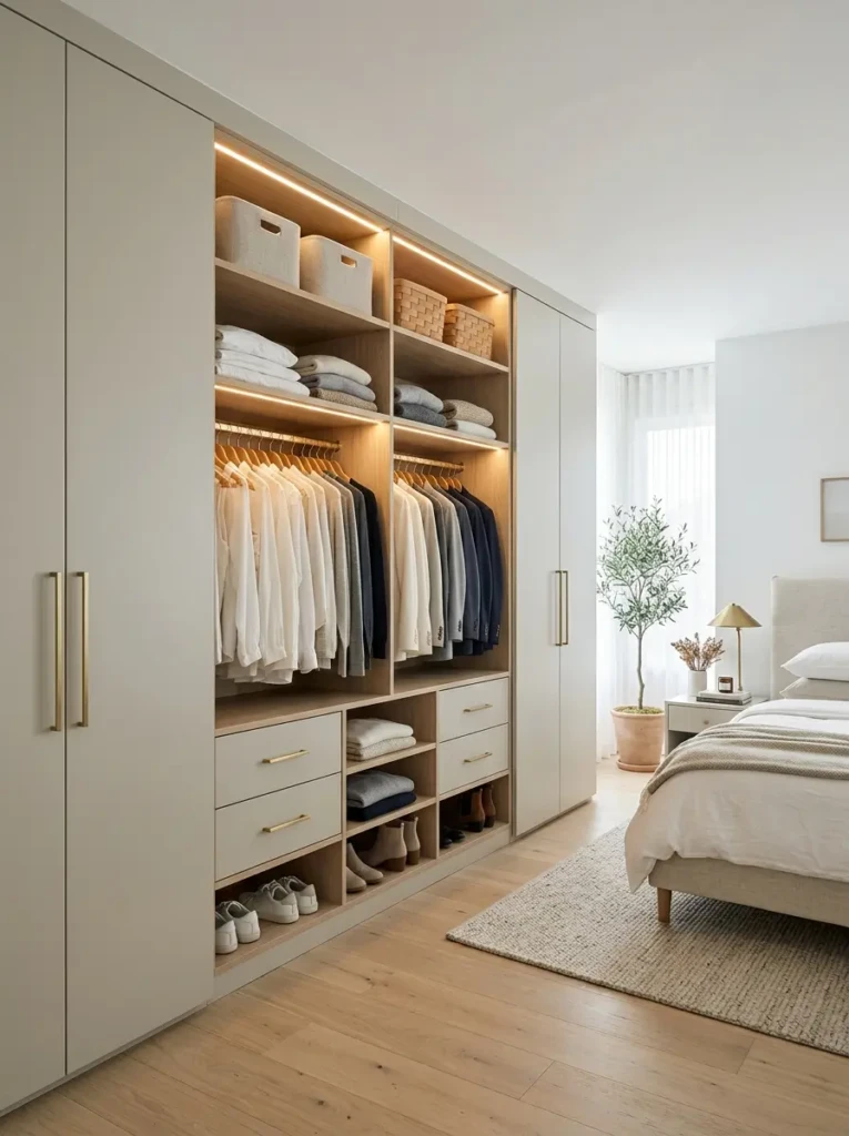 Floor-to-ceiling greige wardrobe wall with sleek handles and neatly organized bedroom storage.