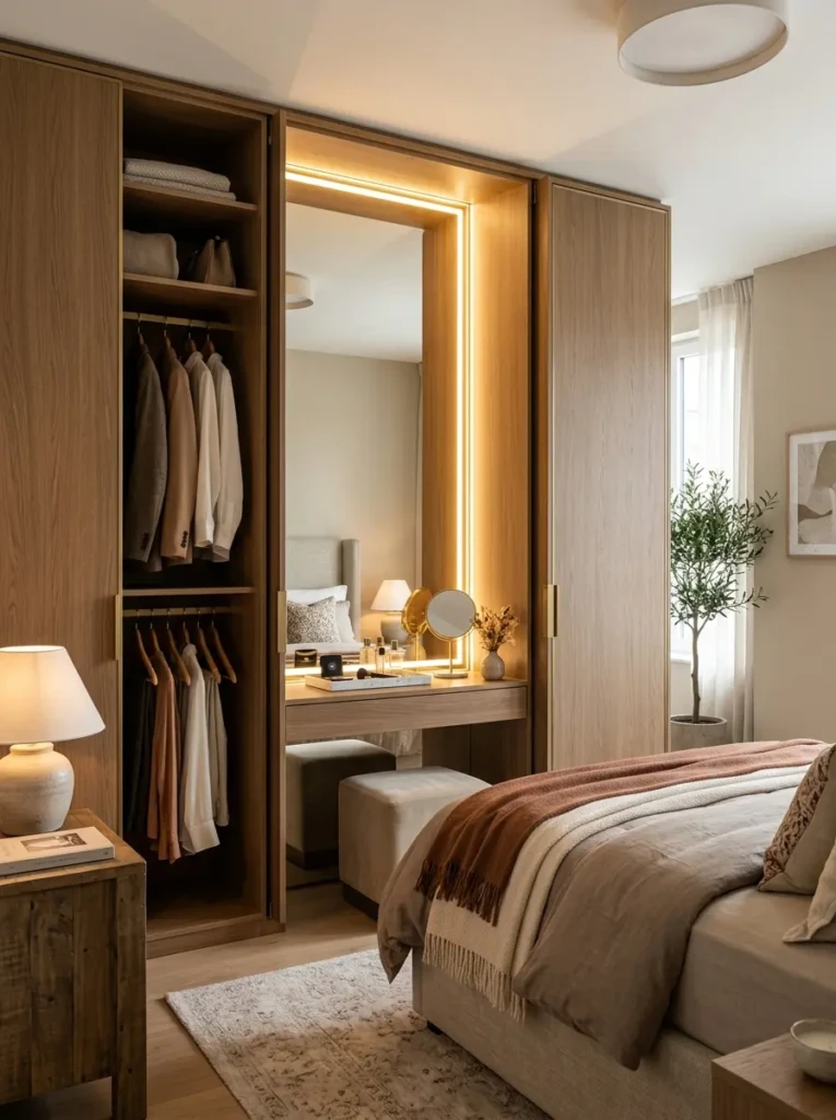 Compact wardrobe with hidden dressing table, glowing vanity lights, and cozy neutral decor.
