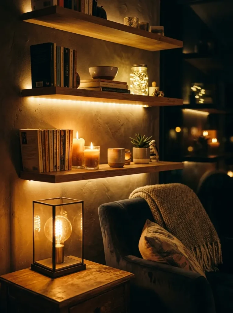 Soft golden apartment lighting with candles and illuminated floating shelves