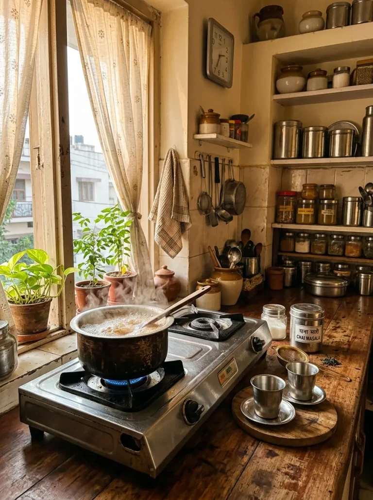 Warm Indian kitchen with chai simmering on the stove, steel cups on a wooden counter, and soft morning sunlight through sheer curtains.