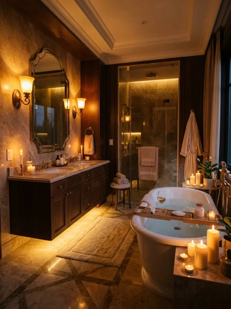 Luxury bathroom with warm layered lighting, wall sconces, and relaxing spa atmosphere