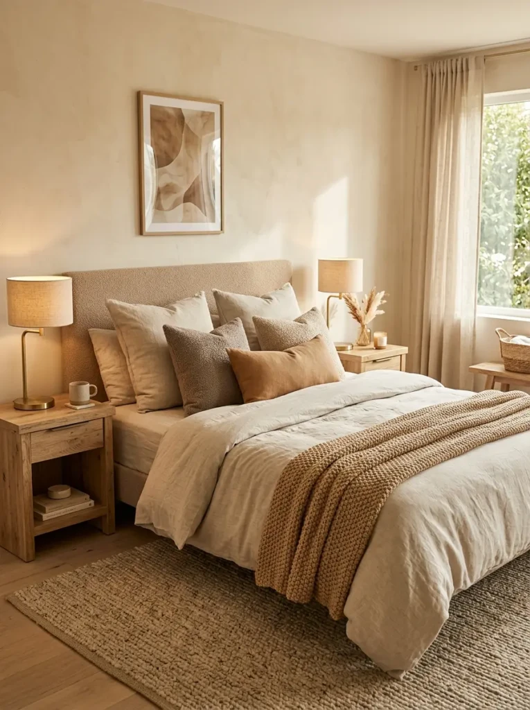 Warm neutral bed with beige linen bedding, boucle pillows, tan throw, wood nightstands, and brass lamp.