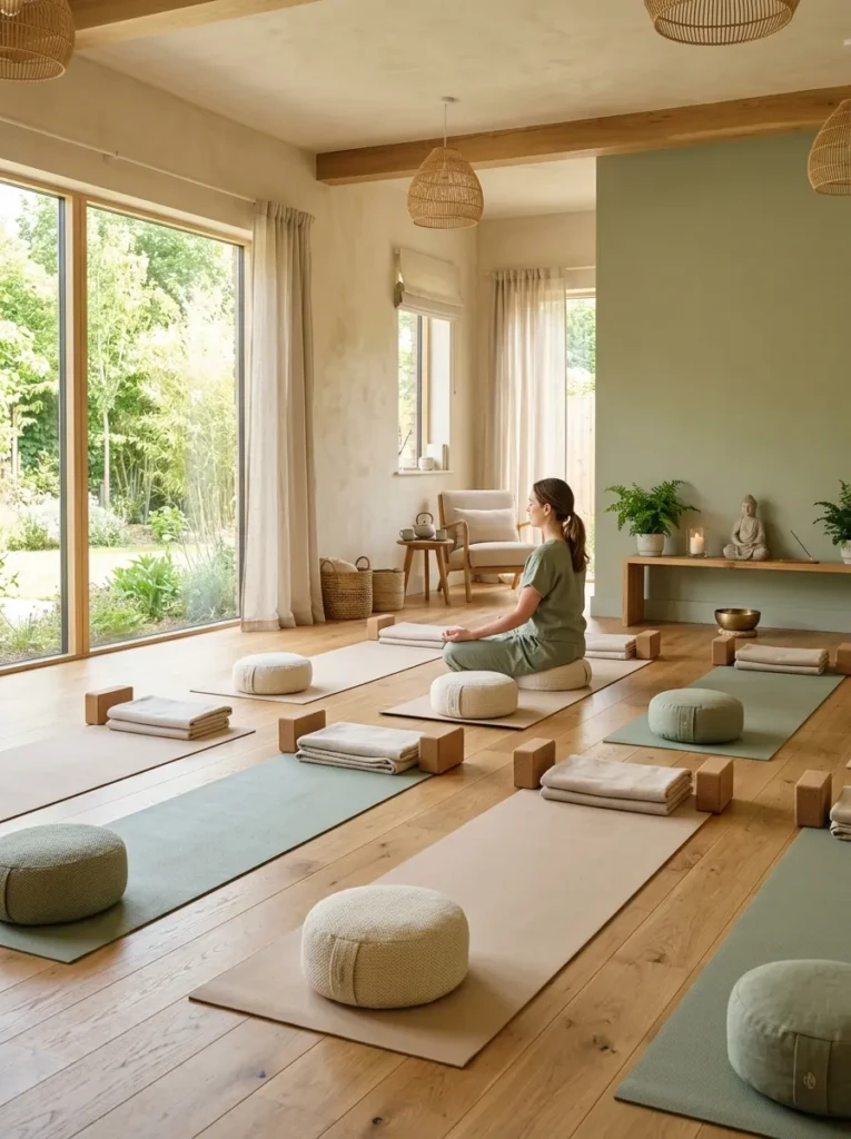Peaceful wellness room with yoga space, meditation cushions, and calming natural decor.