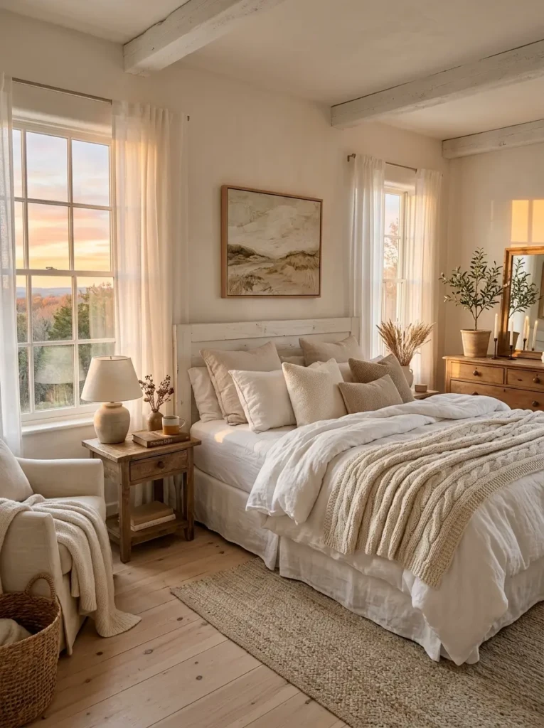 A cozy white bedroom glowing in warm sunset light with soft textures and a peaceful ambiance
