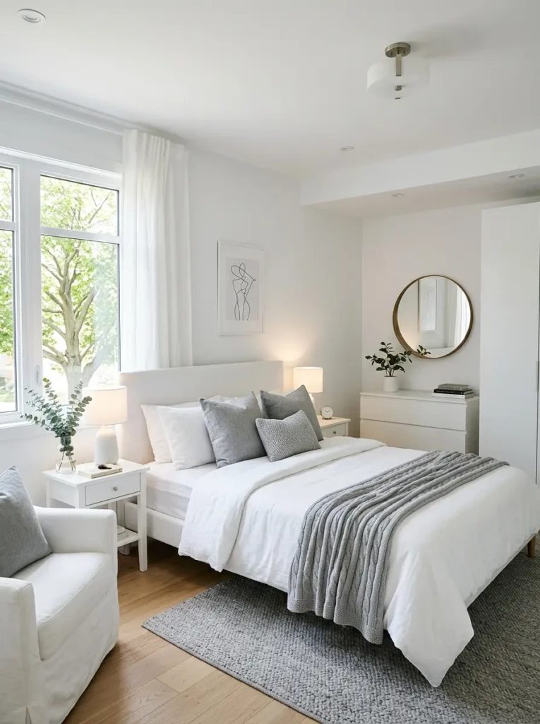 Bright white bedroom with grey pillows throws and simple decor offering a flexible clean and modern aesthetic