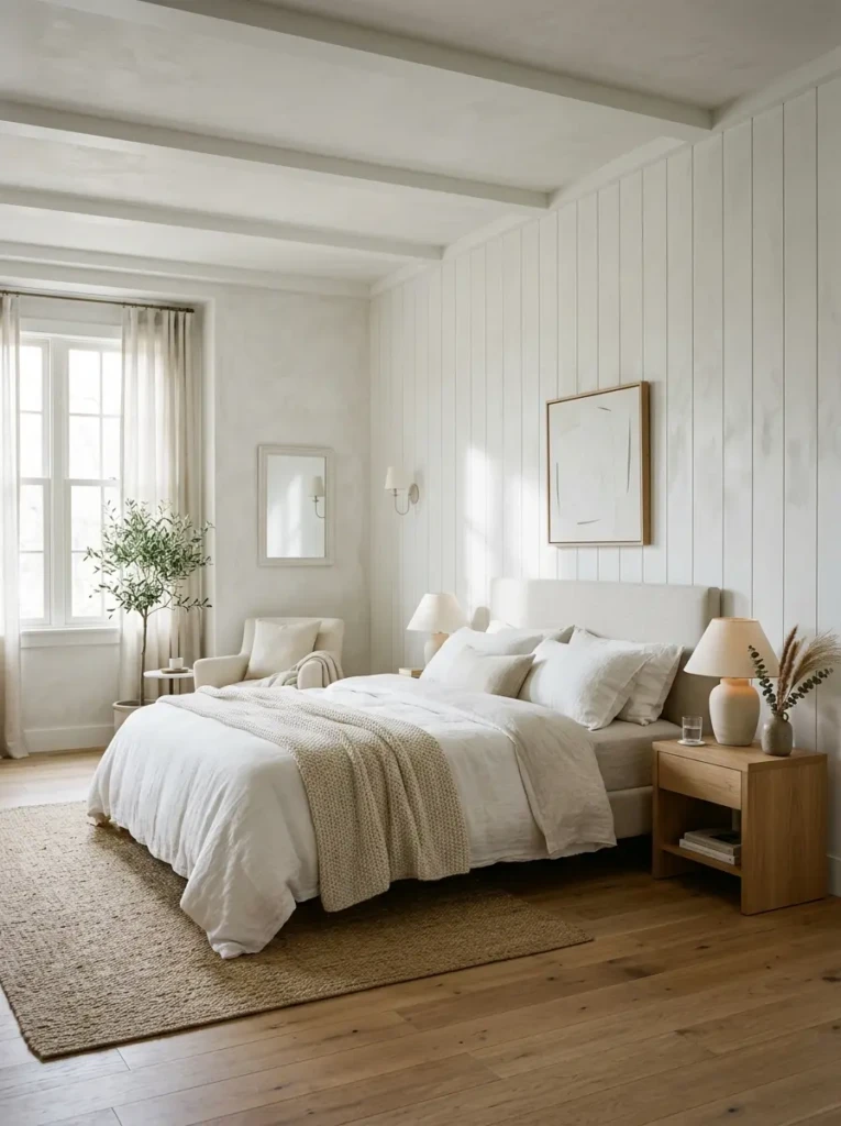 A sophisticated white bedroom with textured walls like shiplap or limewash adding subtle depth