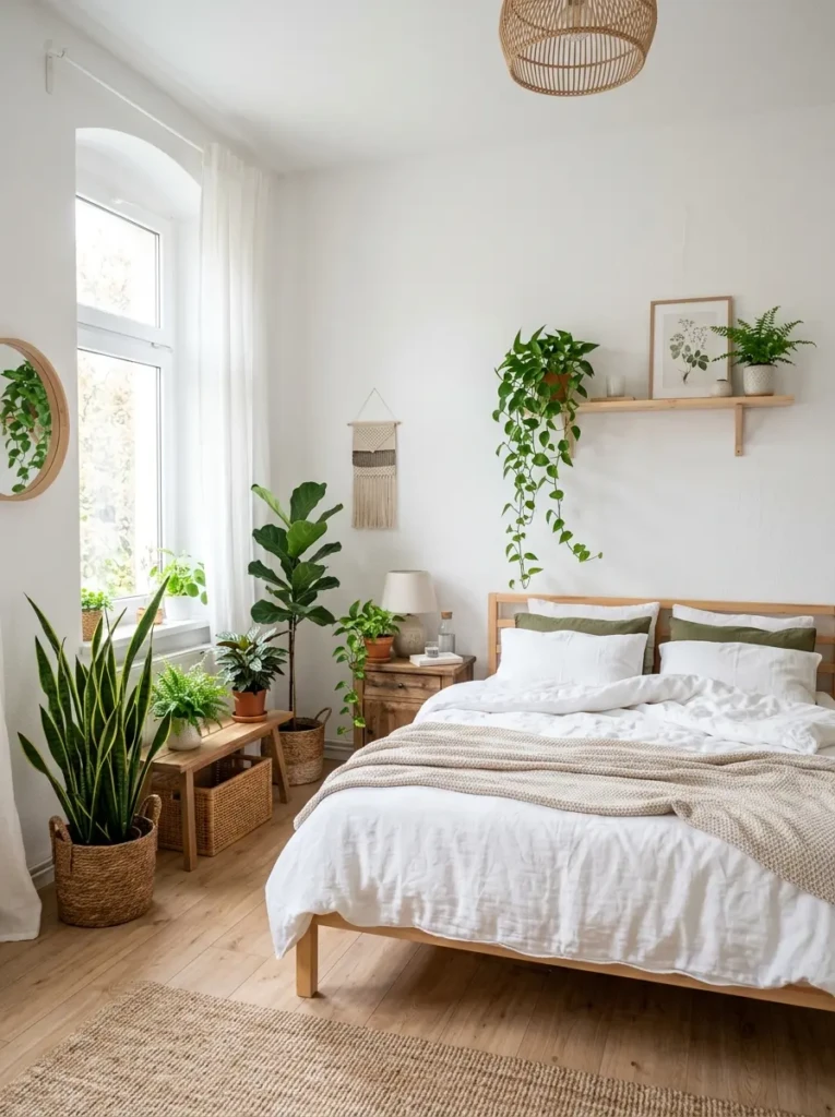 A white bedroom with green plants like snake plant and pothos adding a fresh and natural contrast