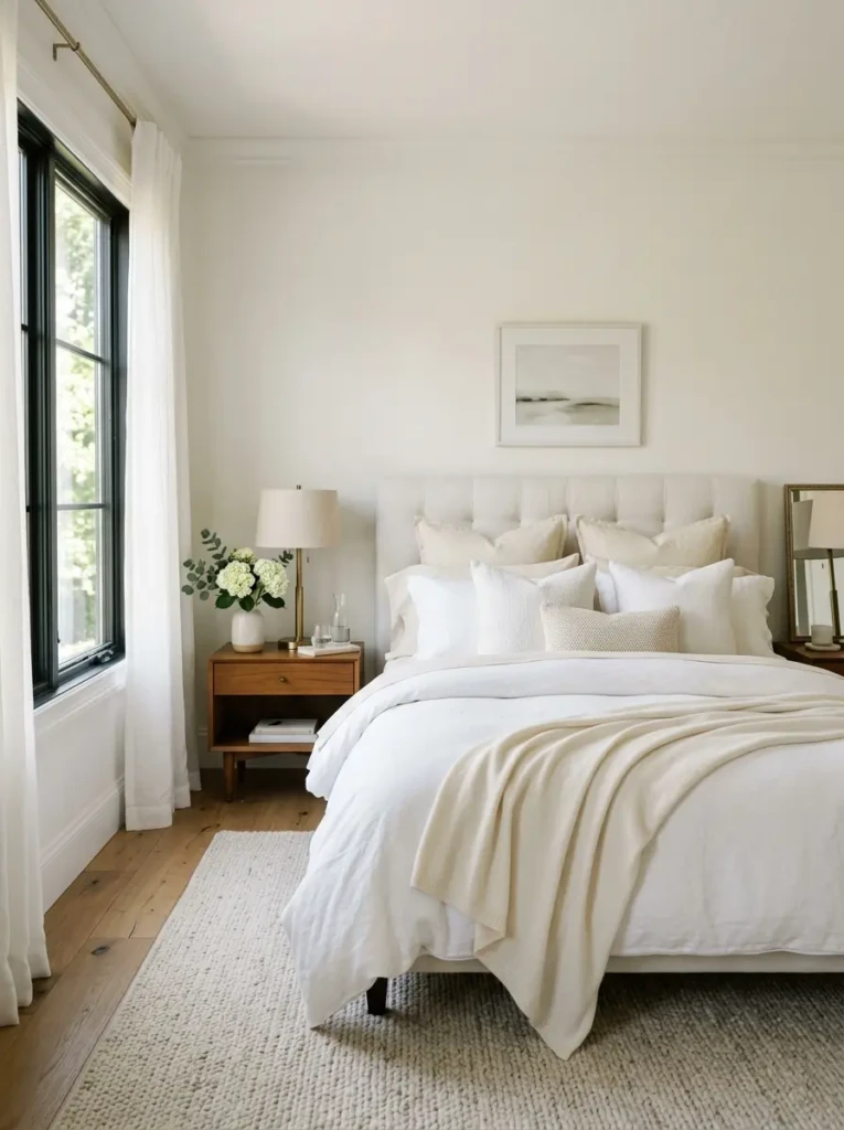 Elegant white bedroom with fluffy layered bedding, cream linen sheets, and soft natural light