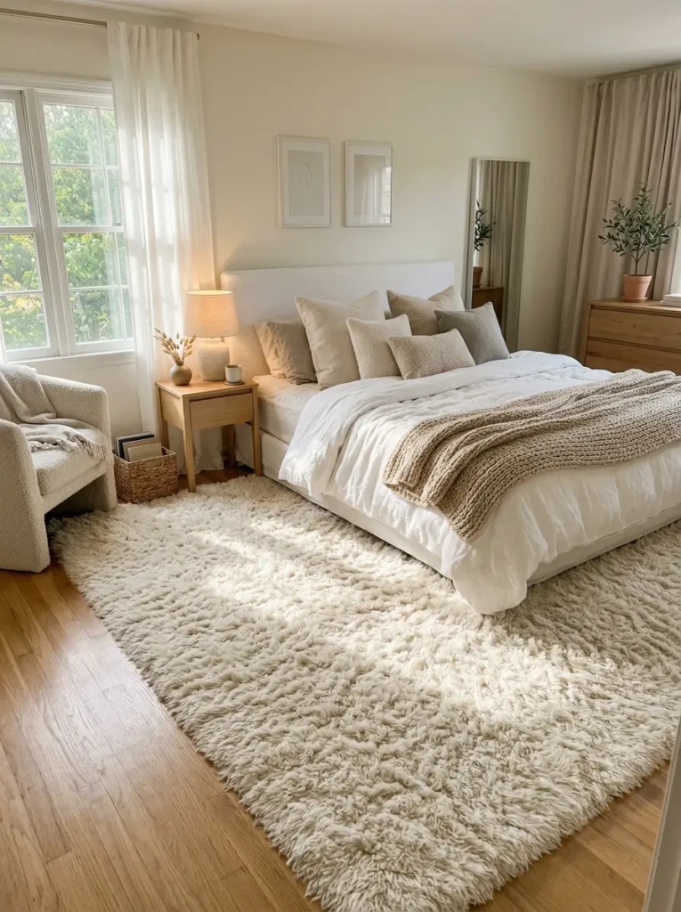 A soft white bedroom featuring a thick textured rug under the bed adding warmth and comfort