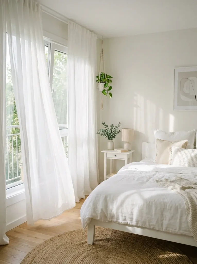 A bright white bedroom with sheer curtains allowing sunlight to softly filter through for an airy feel