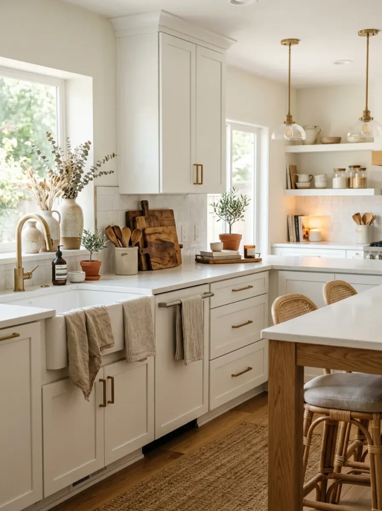 Modern white kitchen with ceramic decor, linen towels, and wooden cutting boards