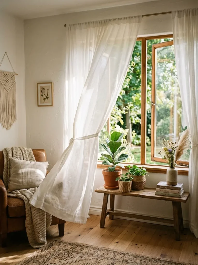 Soft white curtains filtering sunlight in a bright boho living room