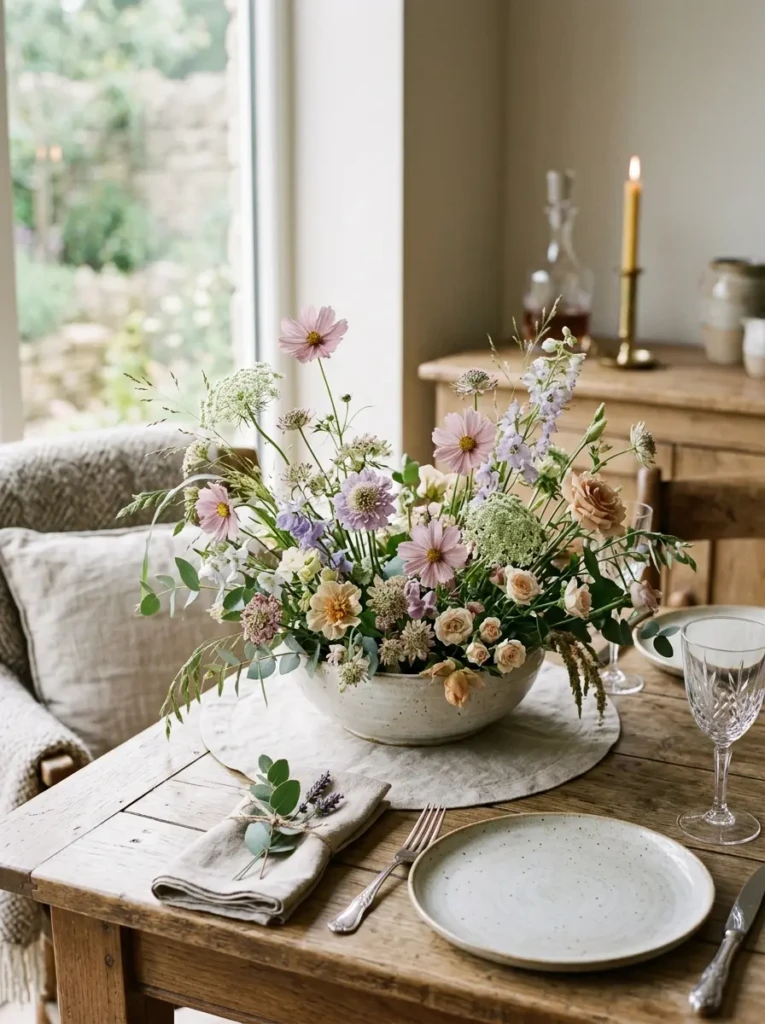 Loose wildflower arrangement in soft pastel tones on a cozy dining table