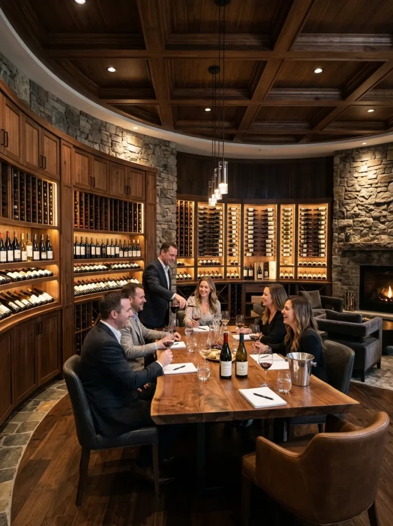 Elegant wine tasting room with custom storage, ambient lighting, and refined entertaining space.